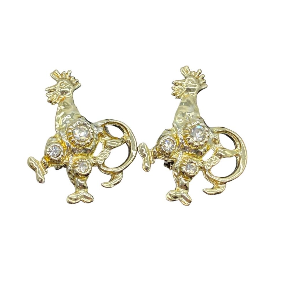 Vintage Gold Tone Roosters Brooches With Rhinestone Accents Pins Set of 2 - Picture 1 of 9